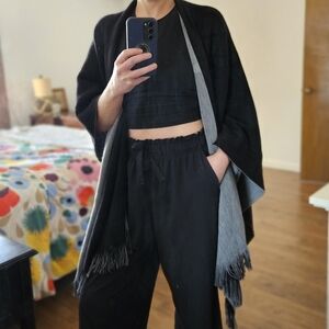 Coldwater Creek Gray and Black Fringed Ruana